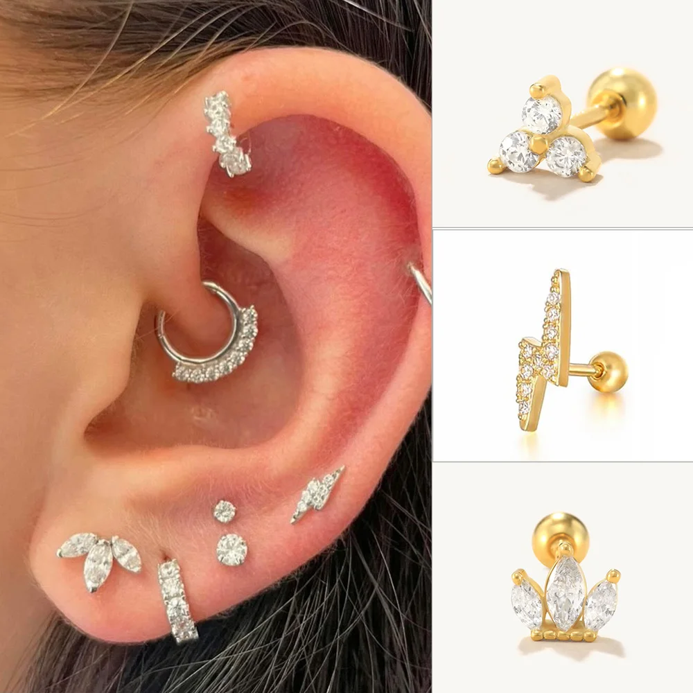1PC Helix Flat Piercing Cartilage Earrings Women Gold Color Zircon