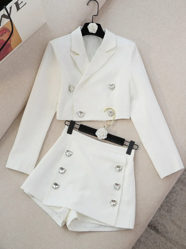 

Autumn Small Fragrance Two Piece Set Women Crop Top Short Blazer Coat + High Waist Shorts Sets High Street 2 Piece Pant Suits