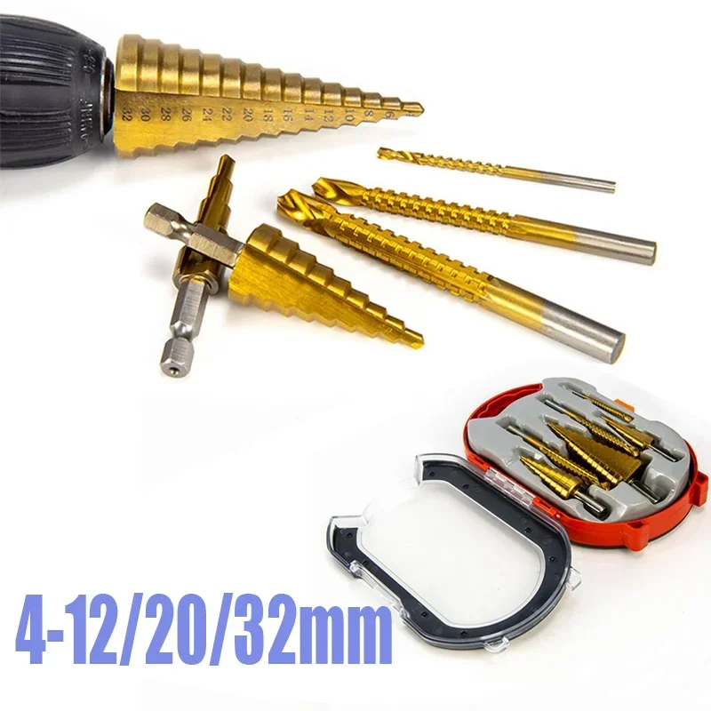 

HSS Steel Titanium Step Drill Bit 4-12/20/32mm Metal Hole Cutter Wood Cone Core Drilling Hole Saw Tool Twist Saw Drill Bits Kit