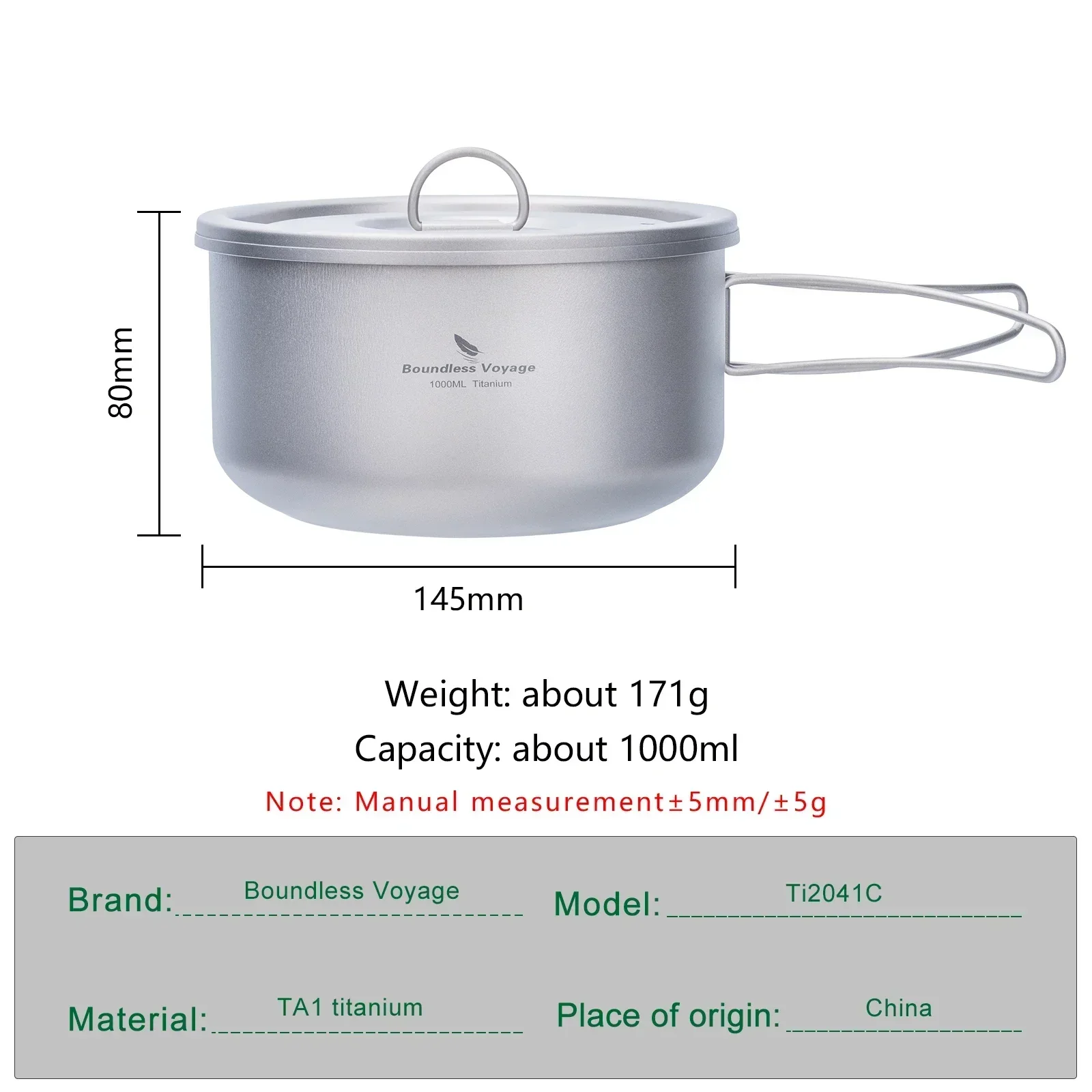 Boundless Voyage 1000ml Titanium Cooking Pot with Lid Single Layer Cookware Tableware for Soup Rice Kitchen Tool /Folding Handle