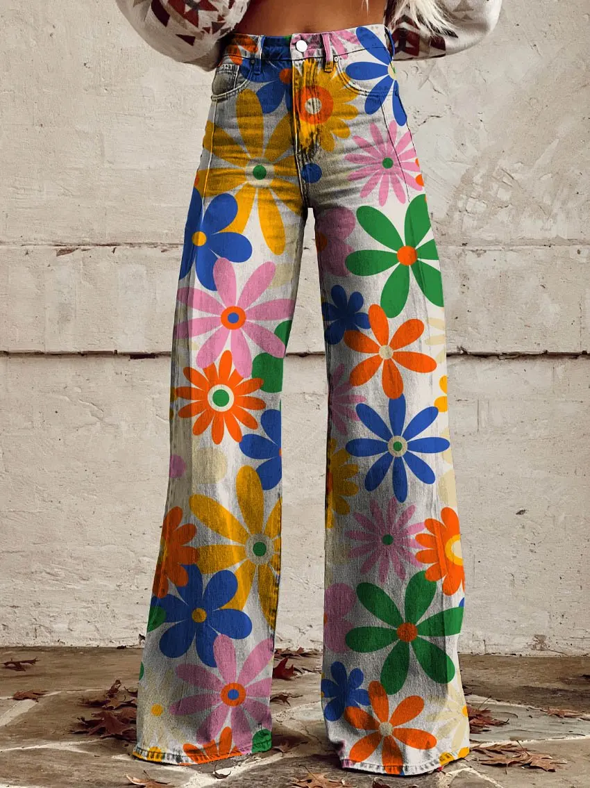 Fashionable women's wide-leg pants, retro butterfly 3D pattern, suitable for daily shopping casual women's wide-leg pants S-3XL