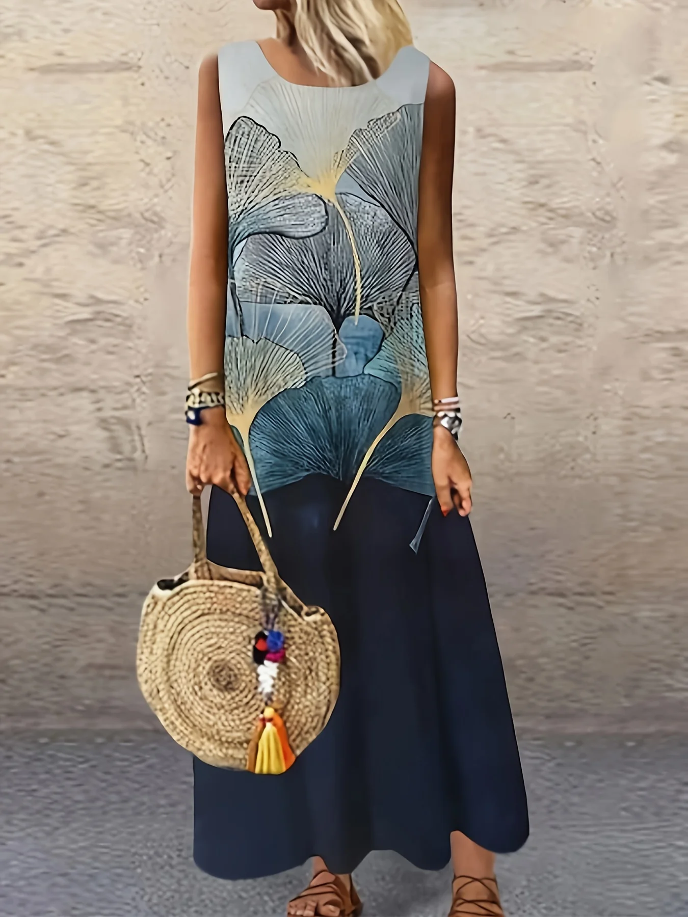 Bohemian Vacation Sunflower Ethnic Print Round Neck Dress Loose Vacation Long Dress Dopamine Dress Light Mature Maxi Dresses 6