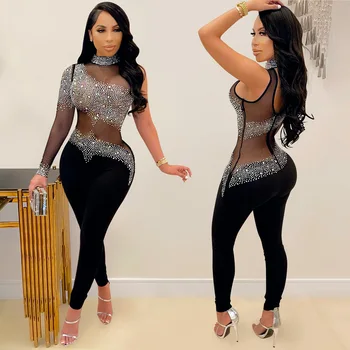 New European and American fashion nightclub women's clothing perspective mesh milk silk splicing hot diamond shoulder jumpsuit