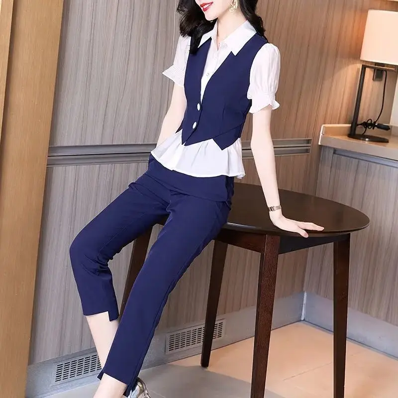 

Chic Women's Short Sleeve Turn Collar Pant Sets Fashion Slim False Two Pieces Top & Pants Female Outfits Suits 2024 Summer New