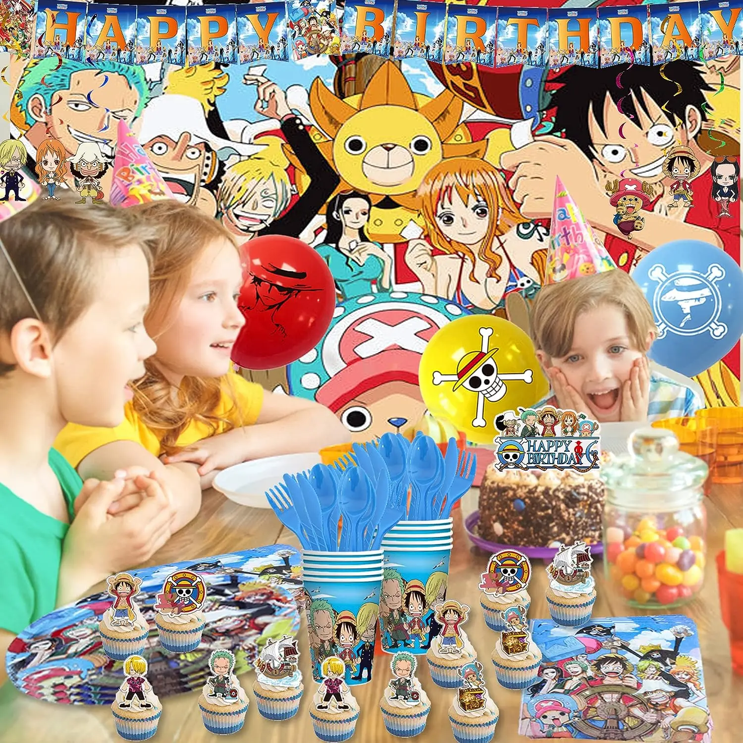 Eendelig Verjaardagsdecoratie Luffy Hoed Feest Gunsten Wegwerp Feest Servies Tafelkleden Bordjes Cups Cartoon Figuur Decor Speelgoed