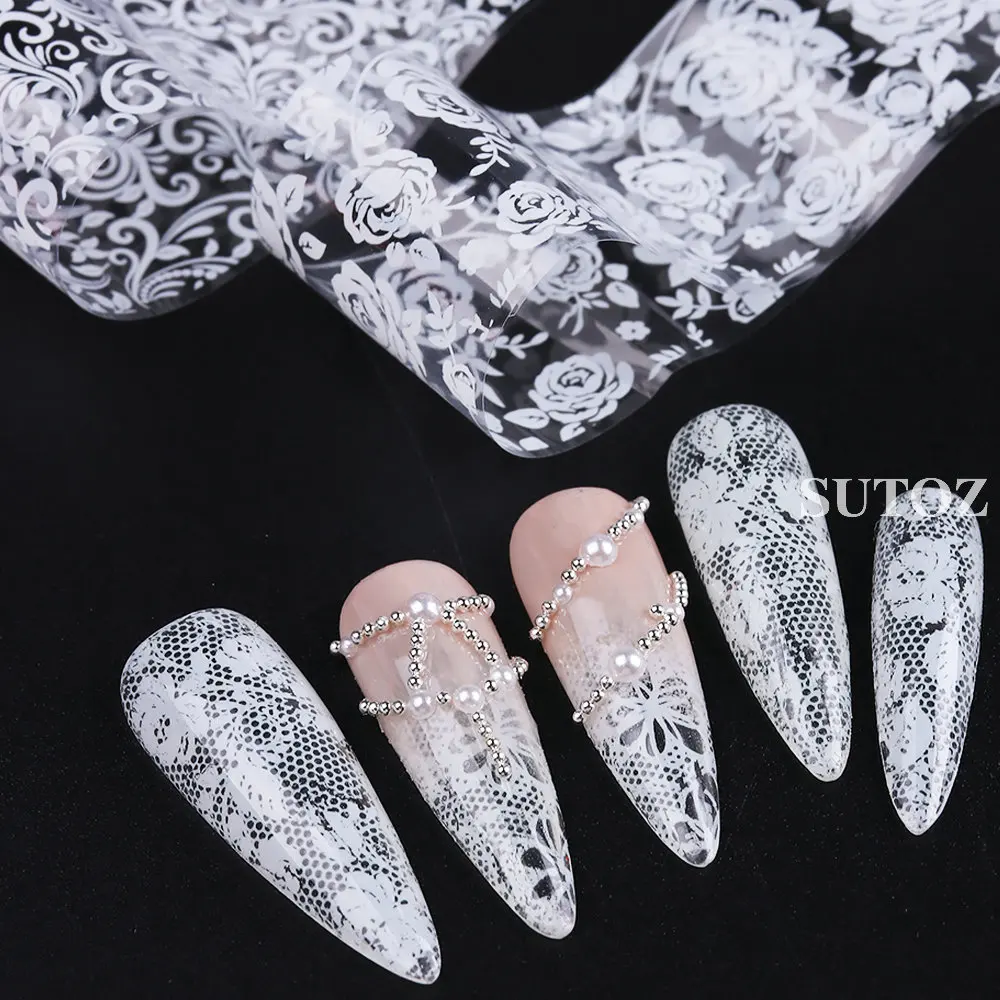 10pcs Black White Lace Nail Stickers Floral Transfer Holographic French Flowers Decals Art Manicure Decoration NLLS-01