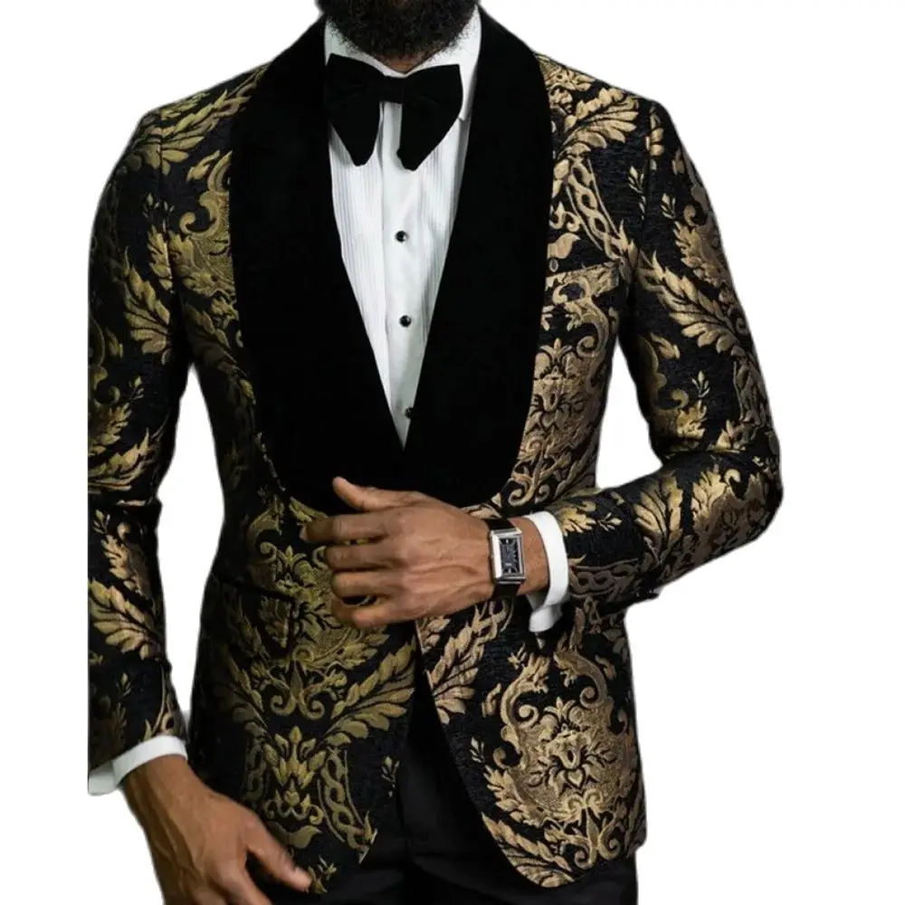 Luxury Men's Blazer Black and Glod Jacquard Fabric Shawl Lapel Single Breasted Formal Suits One Pcs Jacket Slim Fit High Quality