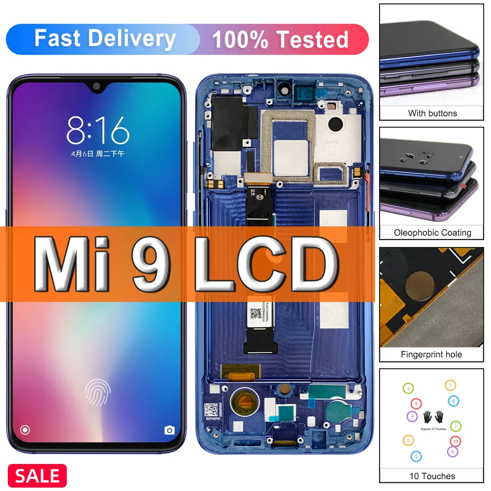 AMOLED For Xiaomi Mi 9 Mi9 LCD Display Touch Screen Digitizer Assembly With  Frame For Xiaomi Mi9 M1902F1G Screen Replacement