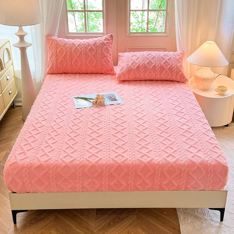 2024 New Tuff Wool Solid Color Bed Hat Autumn/winter Thickened Thermal Mattress Cover 360 Degree Wrap with Elastic Sheet 200x220 2