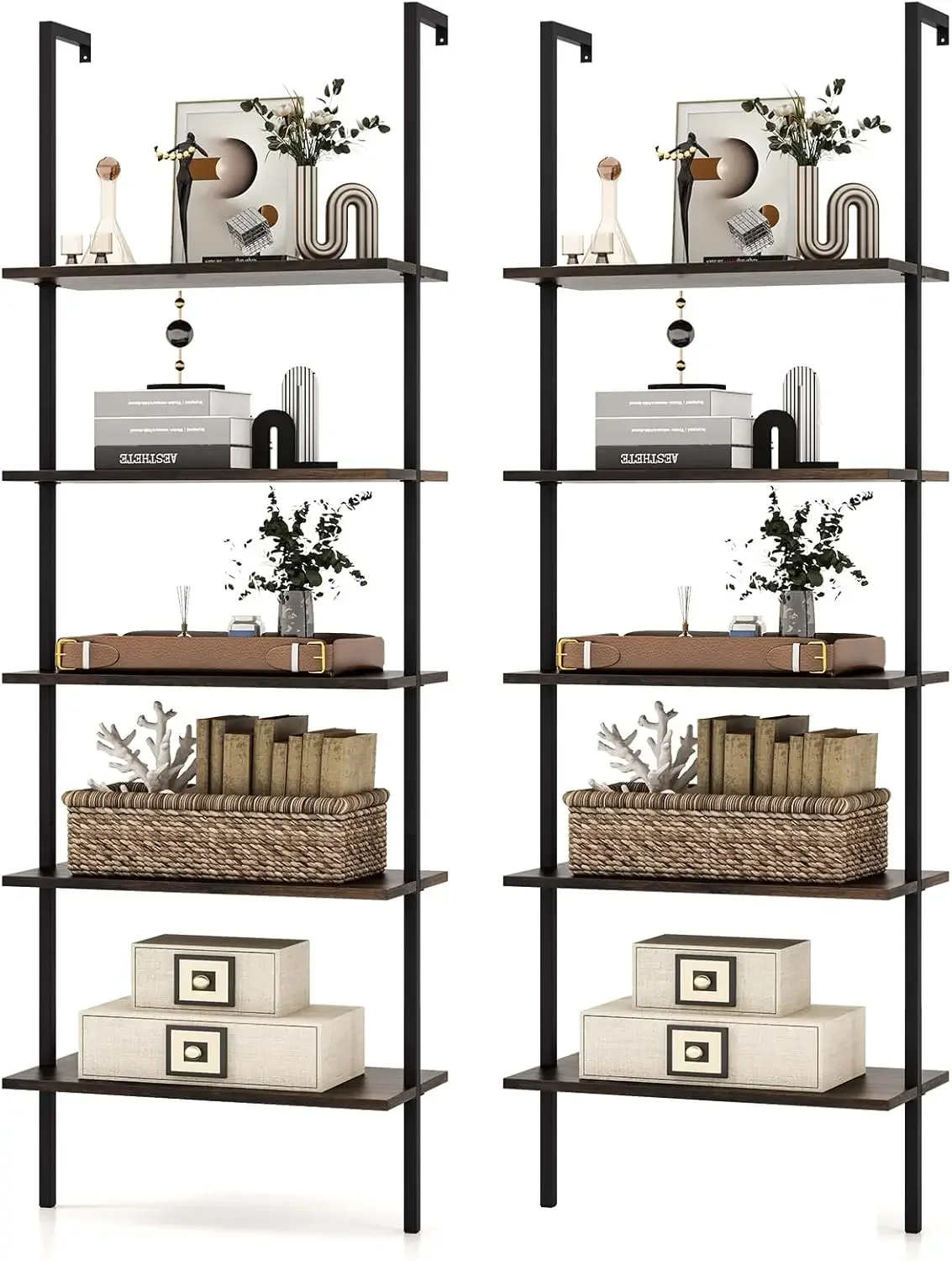 5-Tier Bookshelf, Modern Wall Mounted Ladder Shelf, 5 Tiers Wood Open Bookcase w/Metal Frame, Home Office Display Rack 3