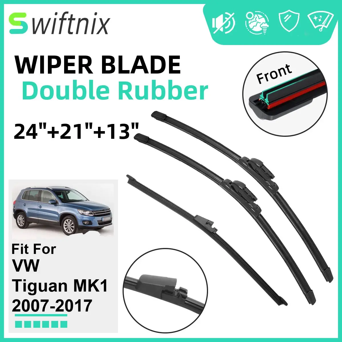 

Двойные резиновые автомобильные дворники для VW Tiguan MK1 2007-2017, стеклоочистители, резиновые автомобильные аксессуары 2013, 2014, 2015, 2016, 2017