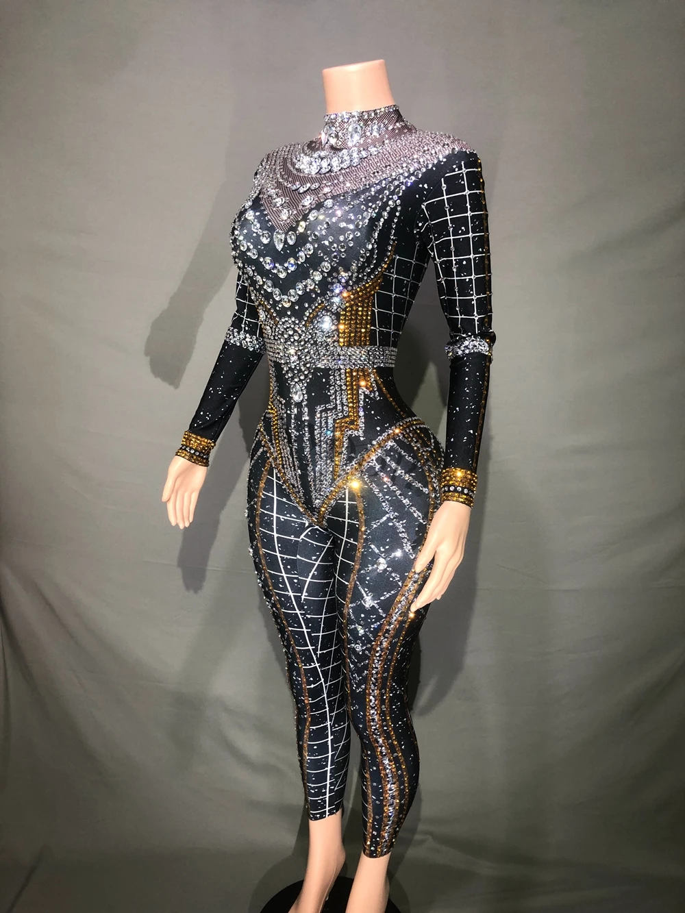 Dance Dress Rhinestones Dress Women Costume Set Sparkly Rhinestones Jumpsuit Women Long Sleeve Spandex Nightclub Prom Party Outfit Singer Dance Performance Costume Stage Wear