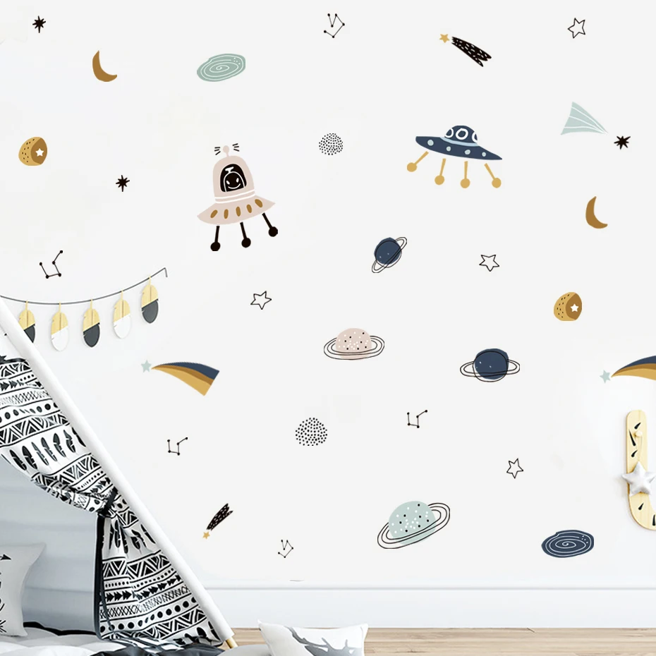 Cartoon Ufo Aliens Planet Pattern Watercolor Kids Wall Sticker Vinyl Nursery Art Decals for Babys Boys Room Playroom Home Decor