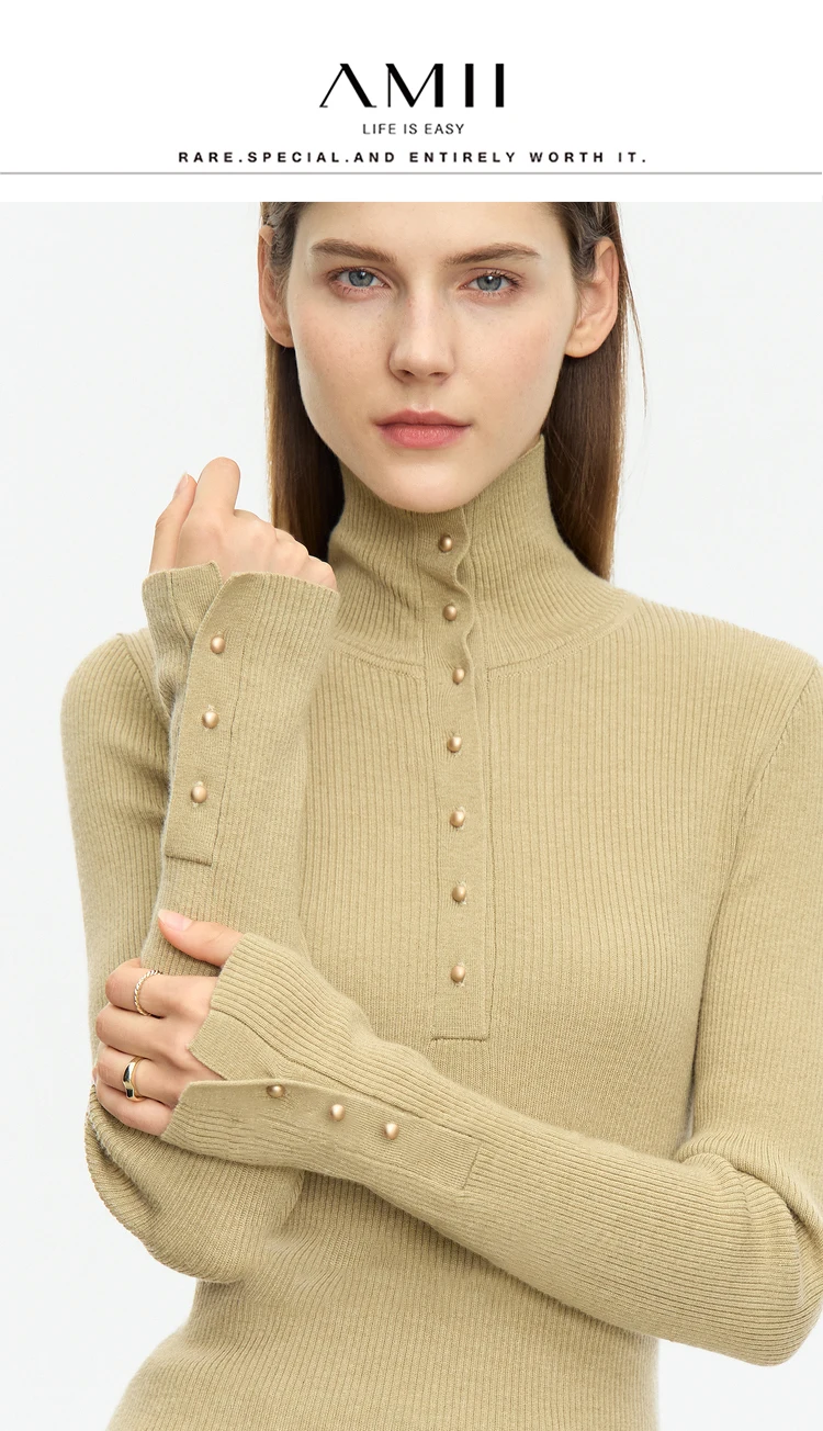 AMII Minimalist Half Cardigan Turtleneck Sweaters for Women
