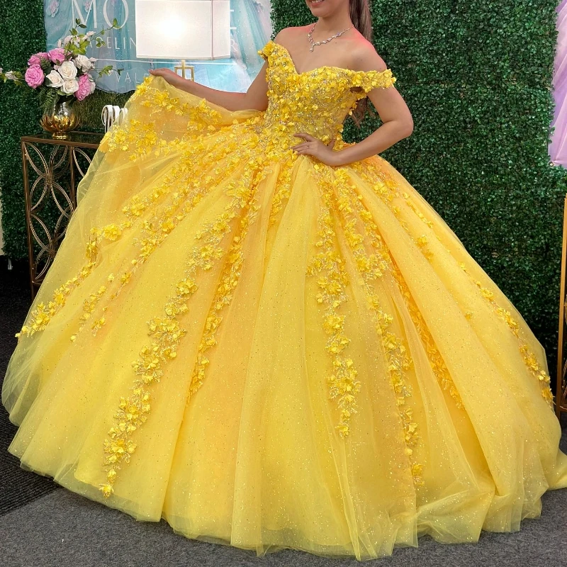 

Glittering Yellow Quinceanera Dress Off-Shoulder Party Prom Dress Lace Applique Beads Tull Sweet 16 Princess Vestidos De 15 Anos