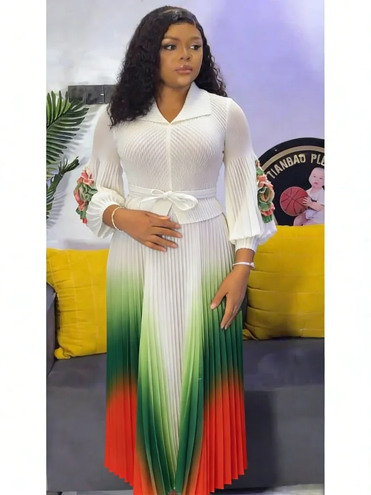 EGRM 2026 New Miyaki Dress Lapel Lantern Sleeves Belt Waist Slimming Gradient Pleated A-line Skirt Elegant Women's Clothing 9R66 5