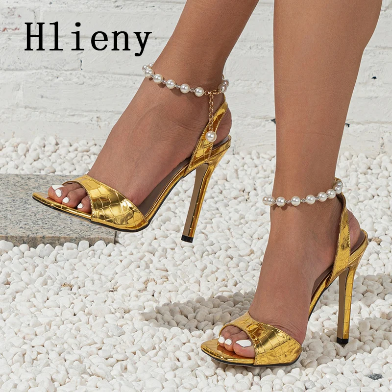 Hlieny 2024 New Design Ankle Pearl Strap Sandals Gladiator Rome Thin High Heels Square Toe Women Summer Party Shoes Size 35-43