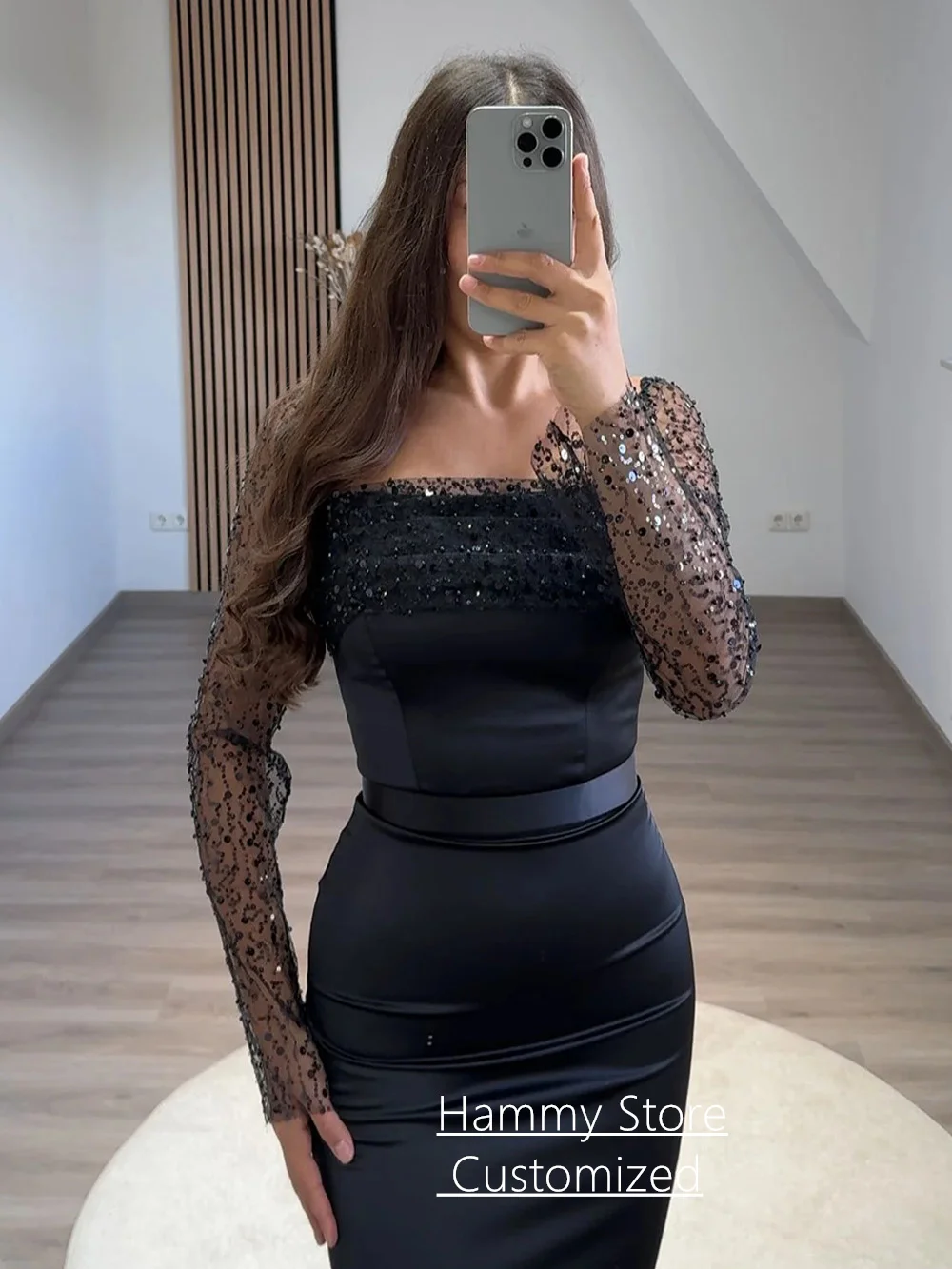 Pale Pink Evening Dress Customized Square Neck Long Sleeves Sequined Floor Length Satin Mermaid Prom Gown Pageant Party Dresses 5