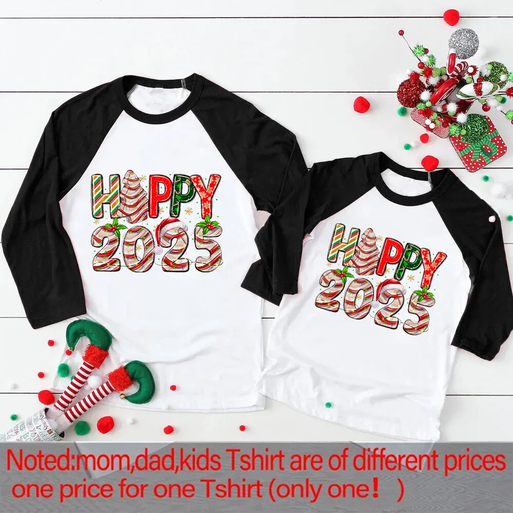 Hola 2025, camisetas familiares a juego para Navidad, conjuntos para adultos y niños, ropa familiar, fiesta de Año Nuevo, camiseta familiar de manga larga