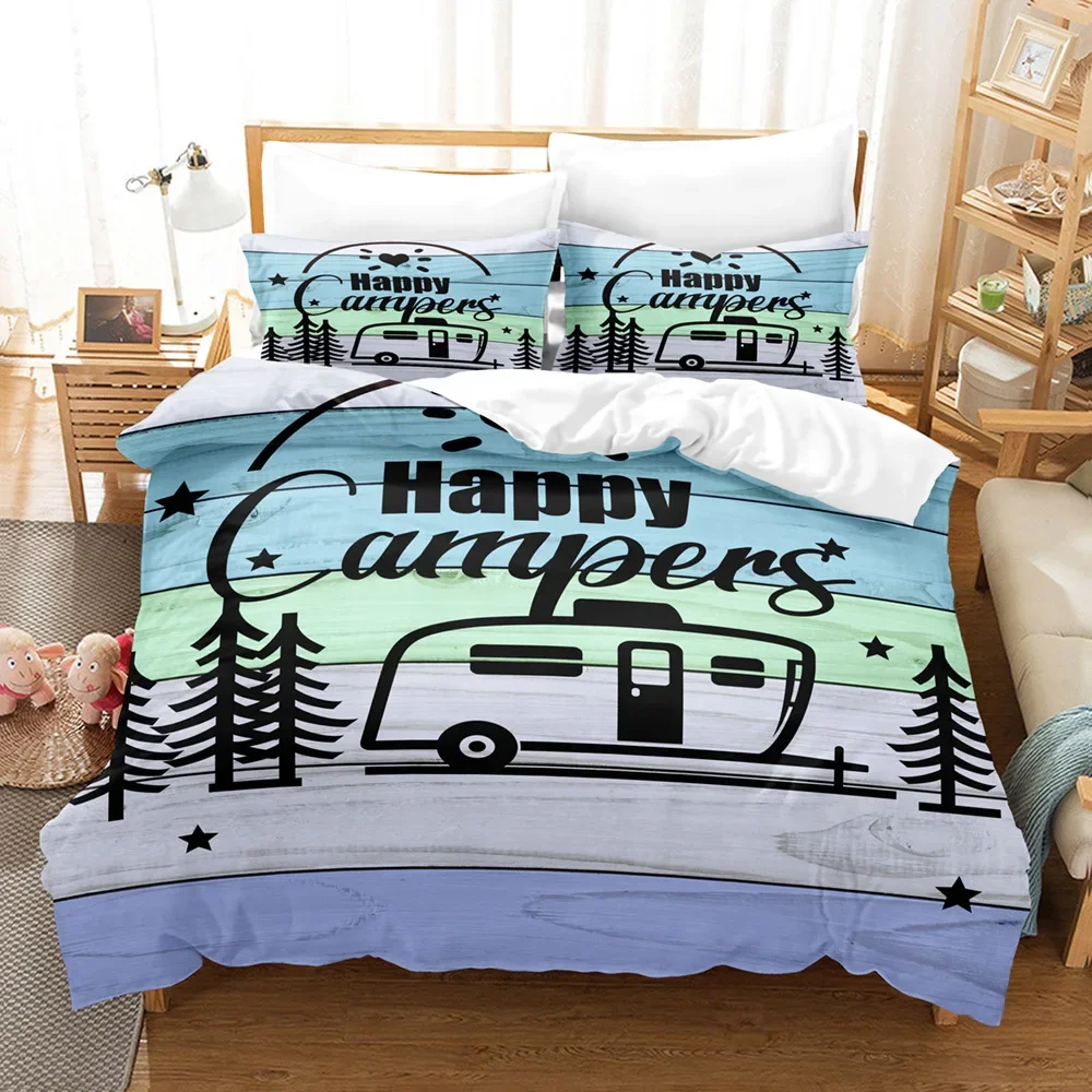 3pcs Happy Camper Pattern Printed Bedding Set, Suitable For Teenagers And Adult's Bedroom, Camping, 1*Duvet Cover+2*Pillowcase