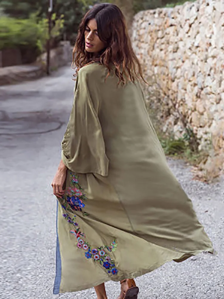 Fitshinling Flowers Embroidery Beach Kimono Holiday Army Green Vintage Swimwear Cover-Ups Long Sleeve Autumn Outer Cover beach cover swimsuit cover beach dress