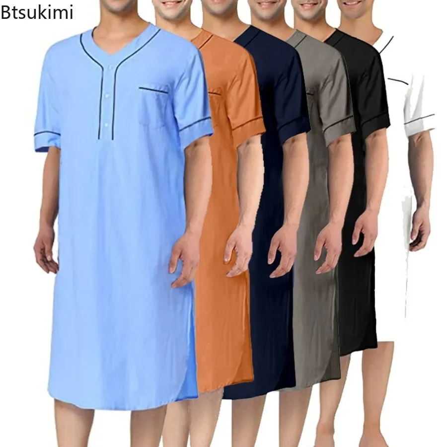 New 2024 Men's Muslim Fashion Robes Dress Short Sleeve Solid Cotton Loose O Neck Leisure Nightgown Mens Bathrobes Homewear Abaya muslim fashion abayas for men sleep robes solid cotton long sleeve comfortable leisure nightgown mens bathrobes homewear robes