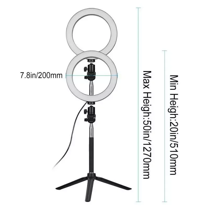 5 인 1 20cm LED 라이브 디밍 링 라이트 세트, 개폐식 사진 셀카 삼각대 범용 360 ° 회전 삼각대 클립