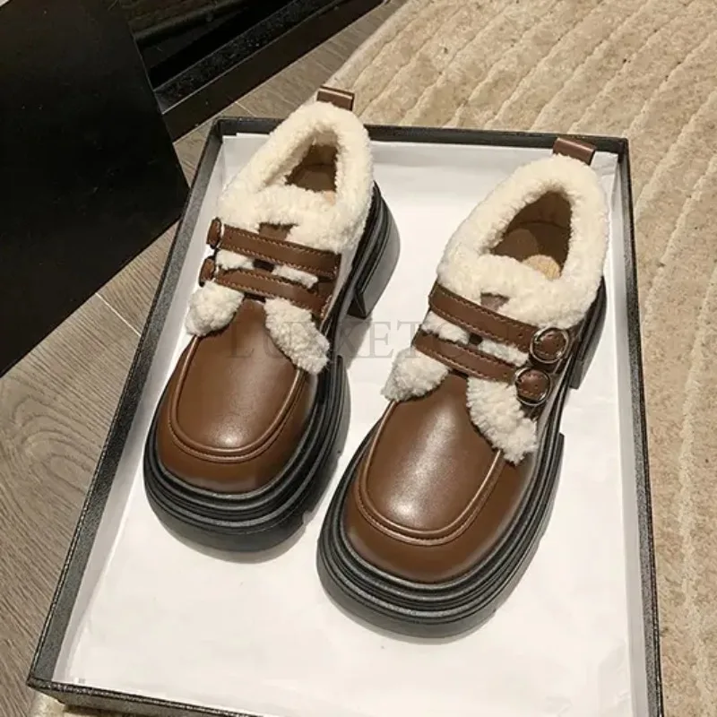 

Women Boots British Small Leather Female Freshmen Japanese Retro Waterproof Anti Slip Increased Plush Warm Cotton Shoes Female