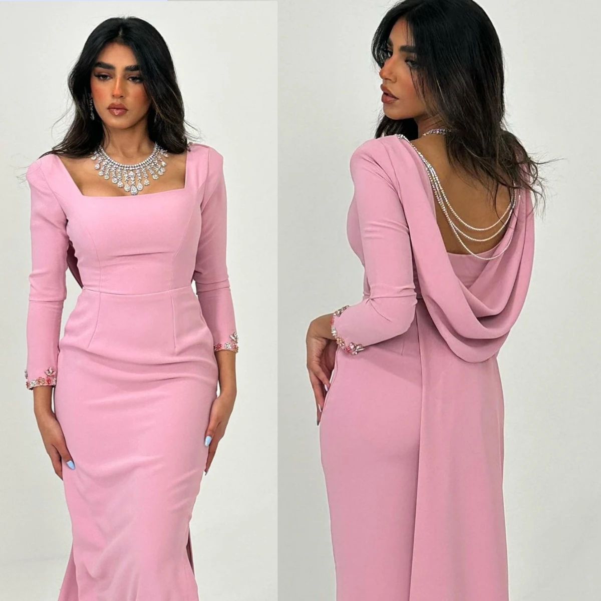 

Pink Luxury Square Neckline Mermaid Prom Dresses Floor Length vestidos de ga Embroidery Evening Saudi Arabia Women's Formal