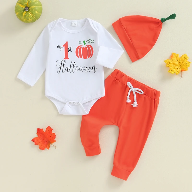 

Осенний наряд Lioraitiin для маленьких мальчиков 2024-05-13, 3 шт., комбинезон с длинными рукавами и принтом букв, тыкв и брюк, головной убор, одежда для Хэллоуина