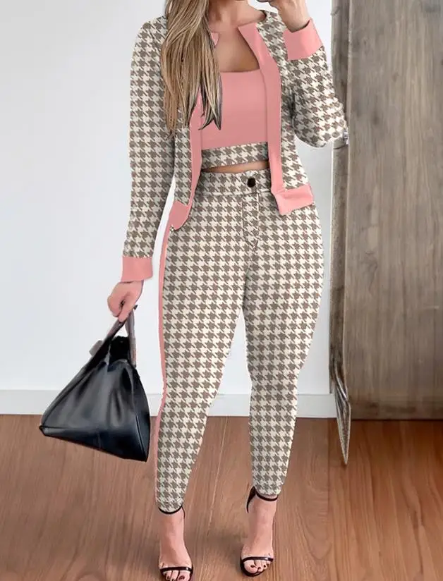 Women's Suit Autumn 2023 Temperament Commuting Pants Set Three Pieces Casual Fashion Play Print Contrast Paneled Coat& Pants Set