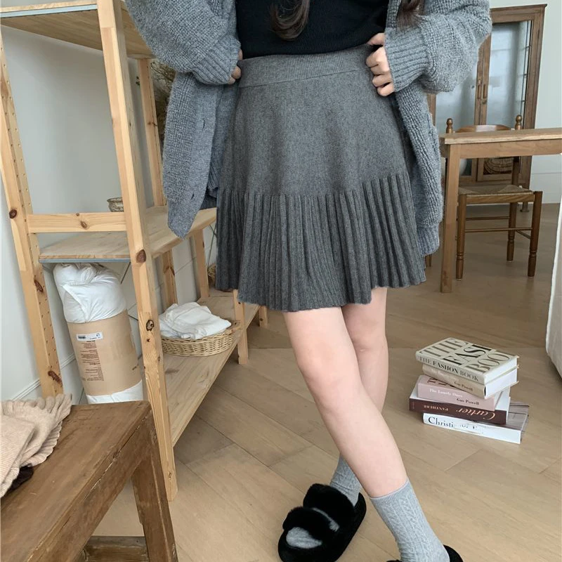 Autumn Pleated Women Mini Skirts Korean Sweet Knitted Slim Female Skirts New Preppy Style Elastic Waist Ladies Casual Skirt InsI