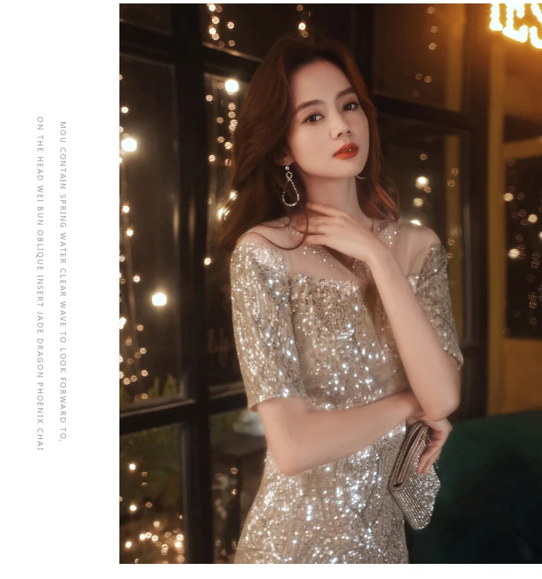 Champagne Sequin Mermaid Evening Dresses For Wedding Party Elegant O-Neck Floor-Length Long Formal Gowns With Sleeves green evening gown