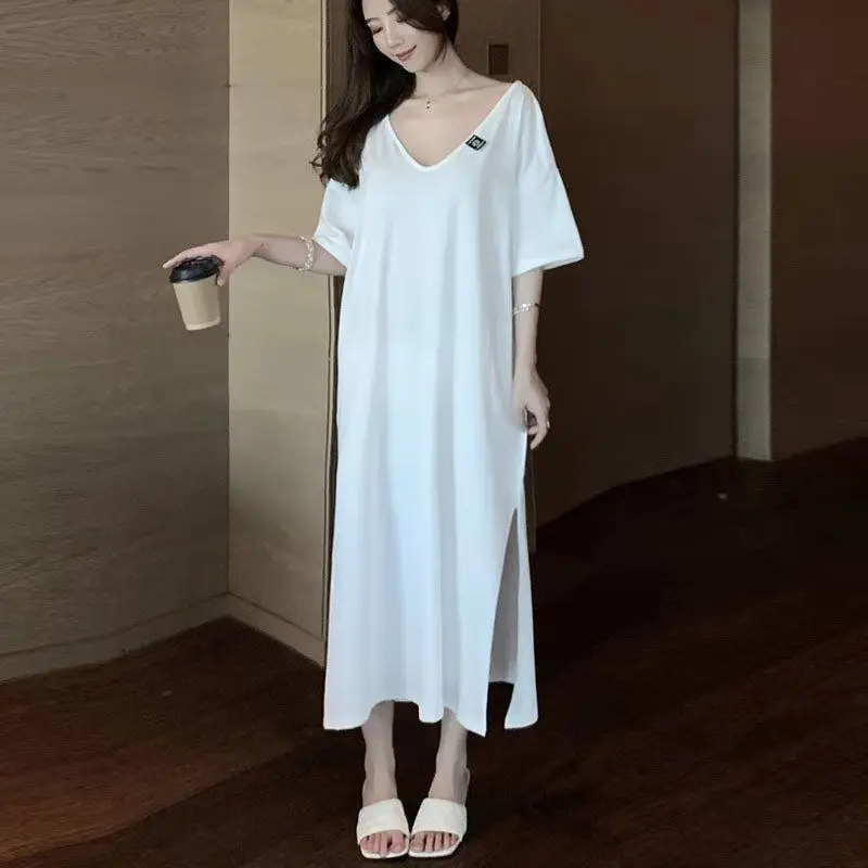 

Lazy Style Solid Loose T Shirt Dress Summer Short Sleeve Split Hem Hollow Out Simplicity Dresses Casual Fashion Women Clothing