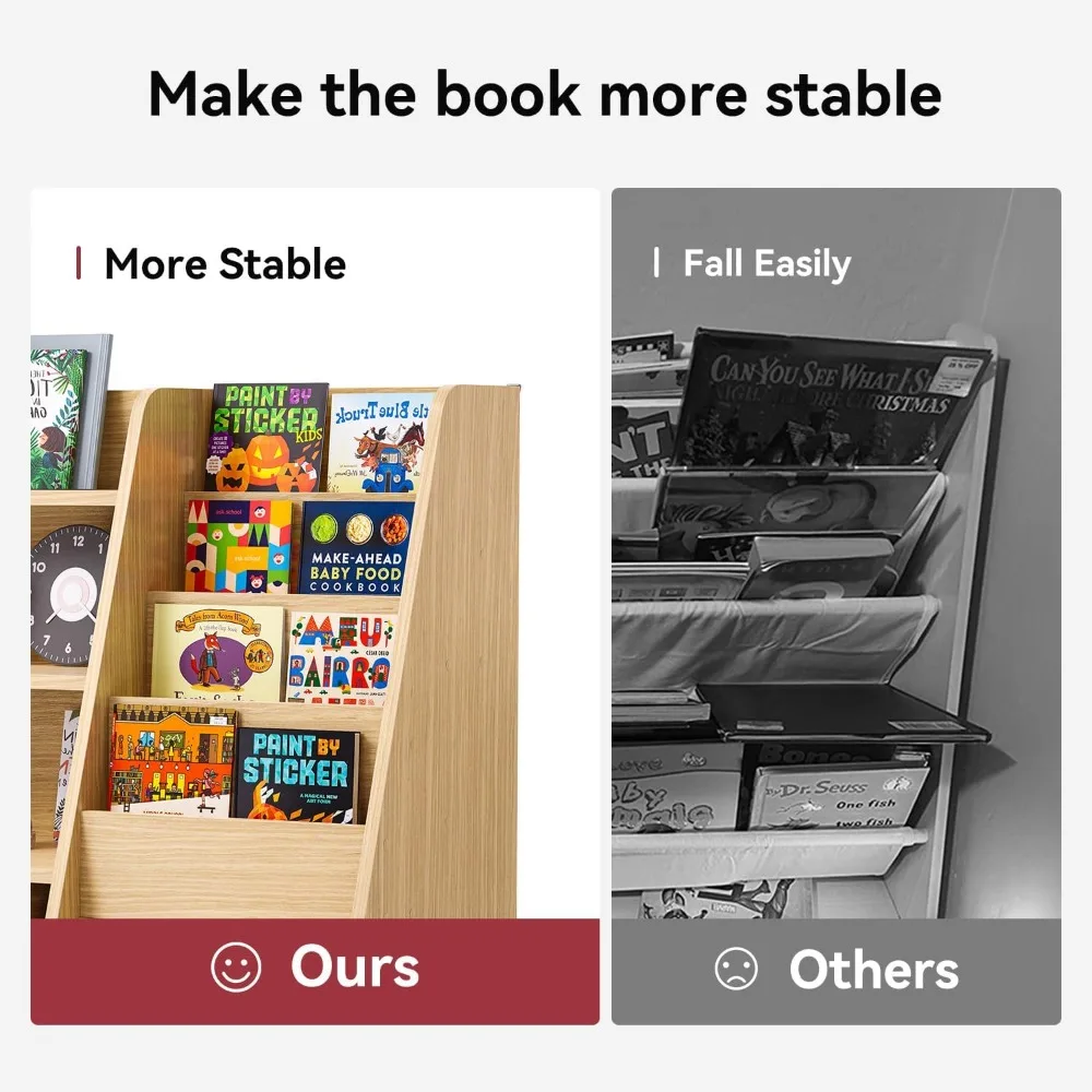 4 tier kids wooden bookshelf with drawer, five layer sling children bookcase, baby storage book rack, book and toy organizer ca