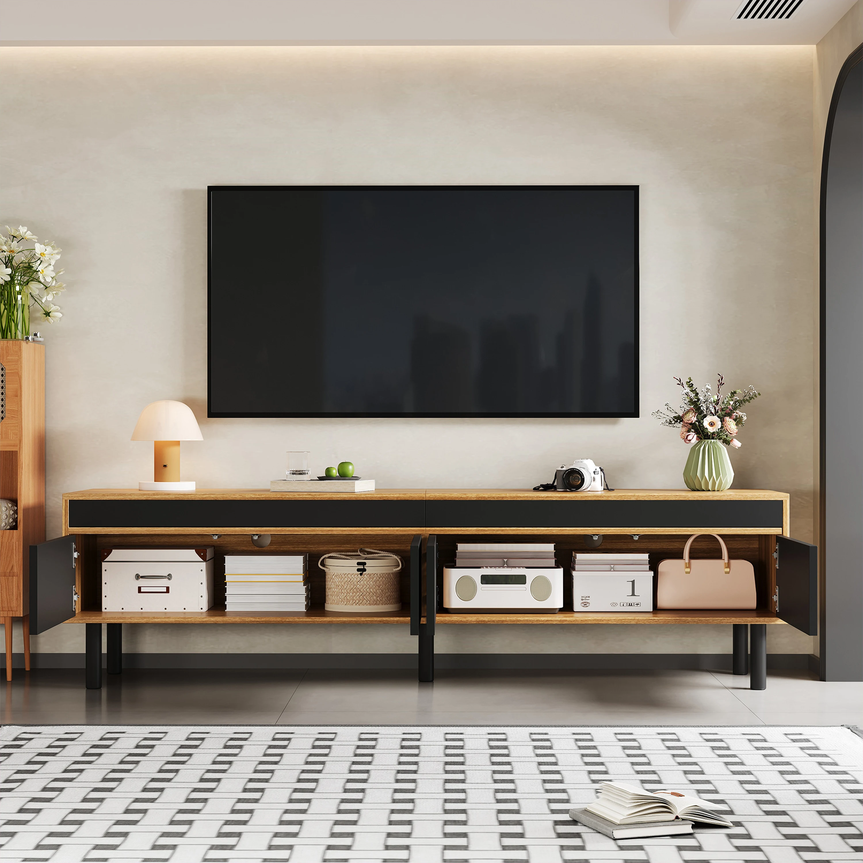 TV-Schrank, TV-Ständer, TV-Panel mit 4-türigen. Feine Textur. Erhältlich in Schwarz oder Naturholz. Höhe 47 cm / Länge 170 cm – Detail 7