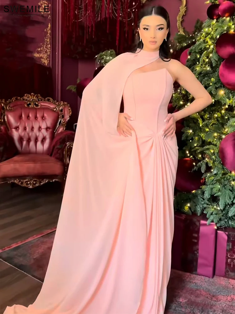 SWEMILE Pink Pleat Mermaid Evening Dresses with One Shoulder Cape Woman Wedding Arabic Chiffon Prom Gown فساتين Customized 5