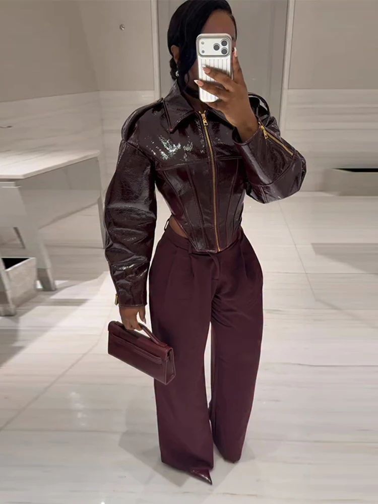 Faux Leder Stehkragen Abgeschnitten Jacke Frauen Straße Lange Sleeve Zipper Asymmetrische Herbst 2025, Mäntel Mode Damen Oberbekleidung – Detail 28