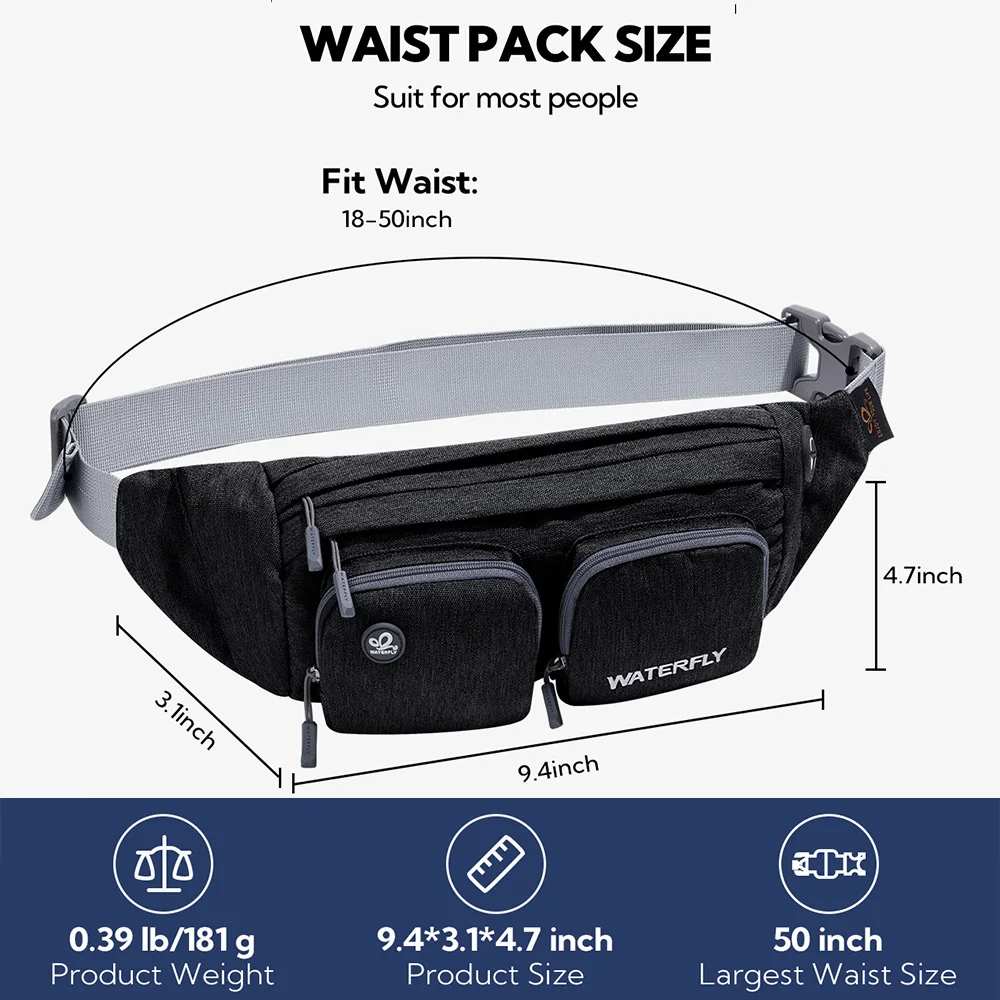 WATERFLY Marsupio Marsupio da viaggio Hip Pouch Bum Bag Plus Size Crossbody Fannie Pack Cintura regolabile per uomo donna escursionismo  1524