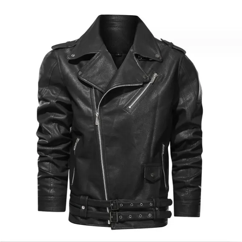 

Spring Autumn Short Cool Black Leather Biker Jacket Men Zipper Long Sleeve Belt Plus Size European Fashion brand leather jackets