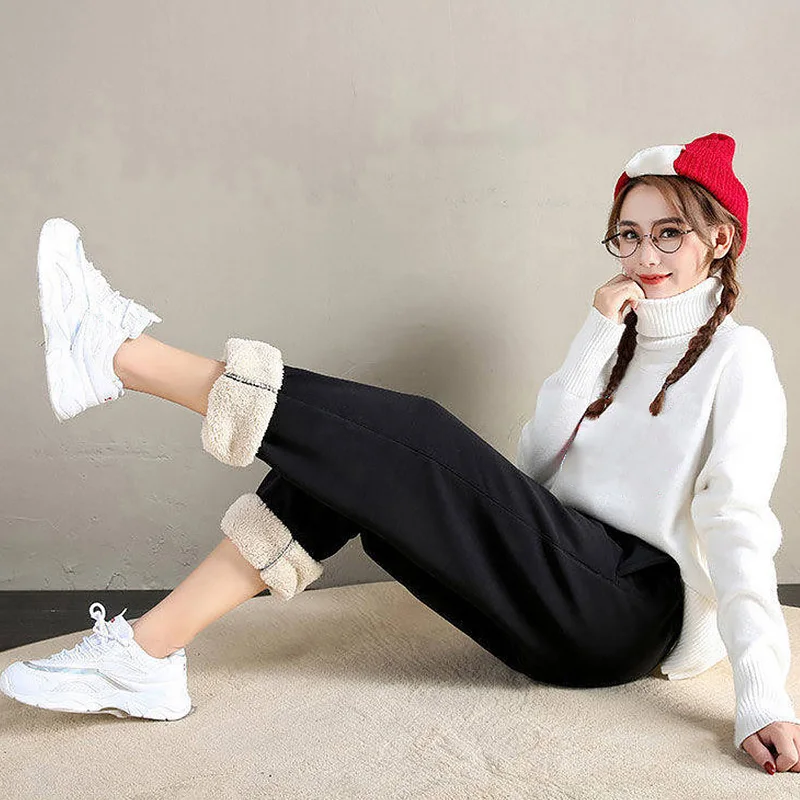 Winter Lambswool Warm Casual Pants Winter Fleece Lined Sweatpants High Waist Stretchy Thick Warm Thermal Pants 2