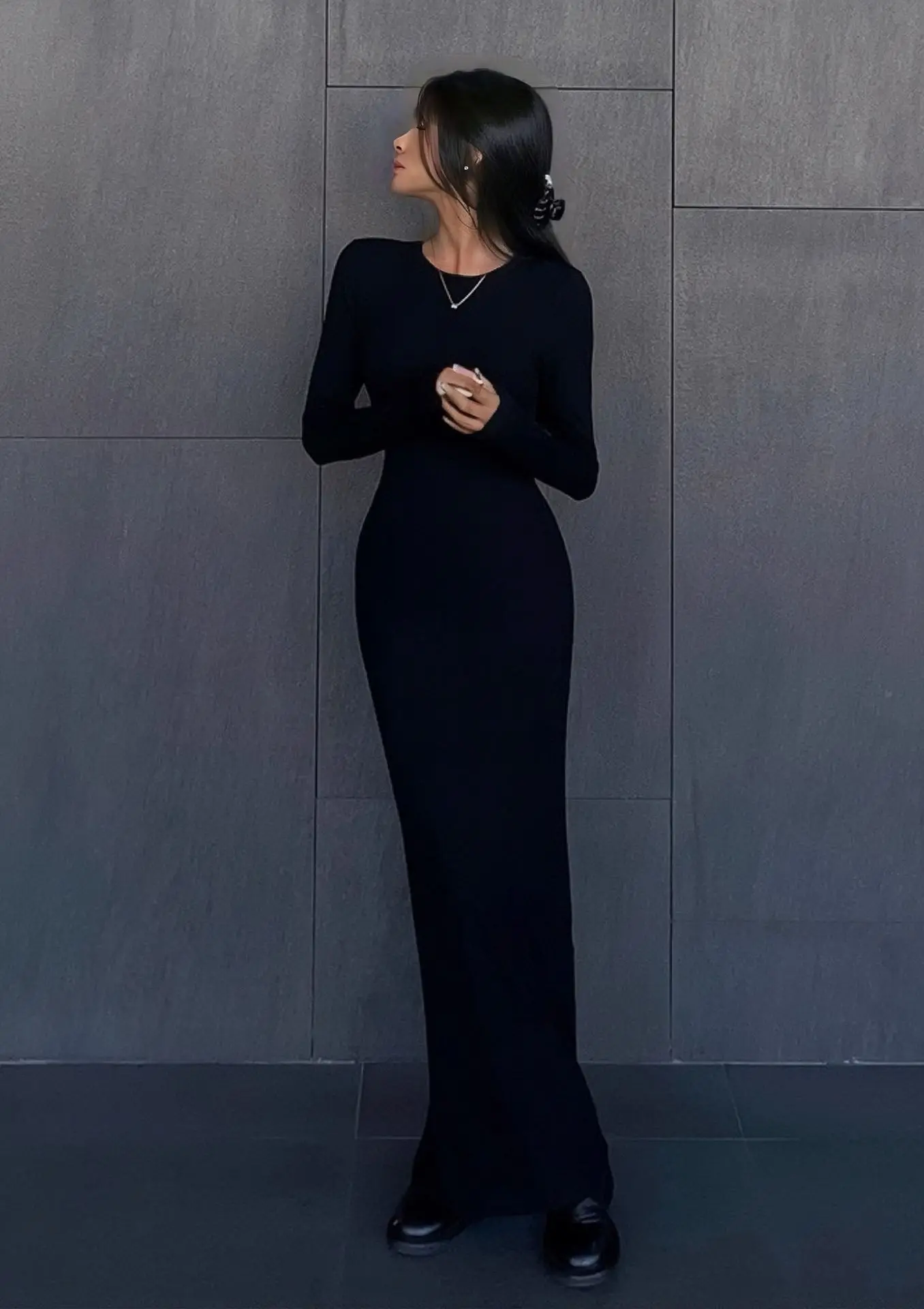 Elegante manga longa bodycon vestido para mulheres em torno do pescoço emagrecimento preto primavera outono novo estilo sexy cabido envoltório em torno da saia