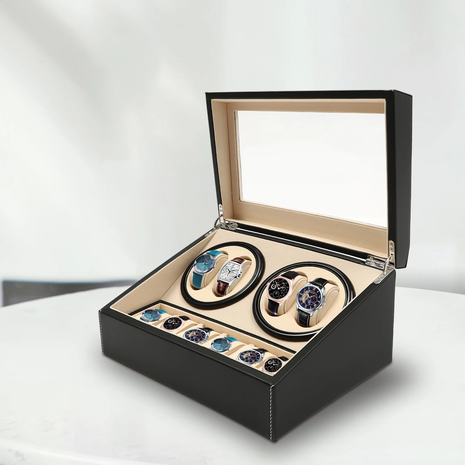 

Hot Sale Black/Brown High Quality 4+6 Watch Winder Automatic Watch Display Box Luxury Storage Box Put Down 10 Watch