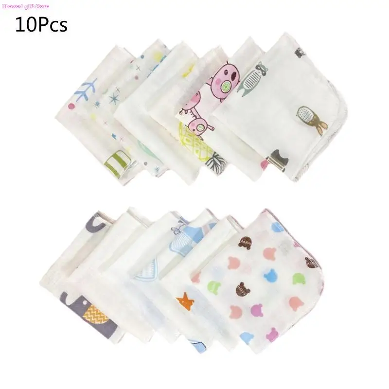 D0JC 10Pcs 20x20cm Baby Washcloths Set Cartoon Print Double Layer Gauze Infant Face Towel Reusable Wipes Absorbent Square - Image 3