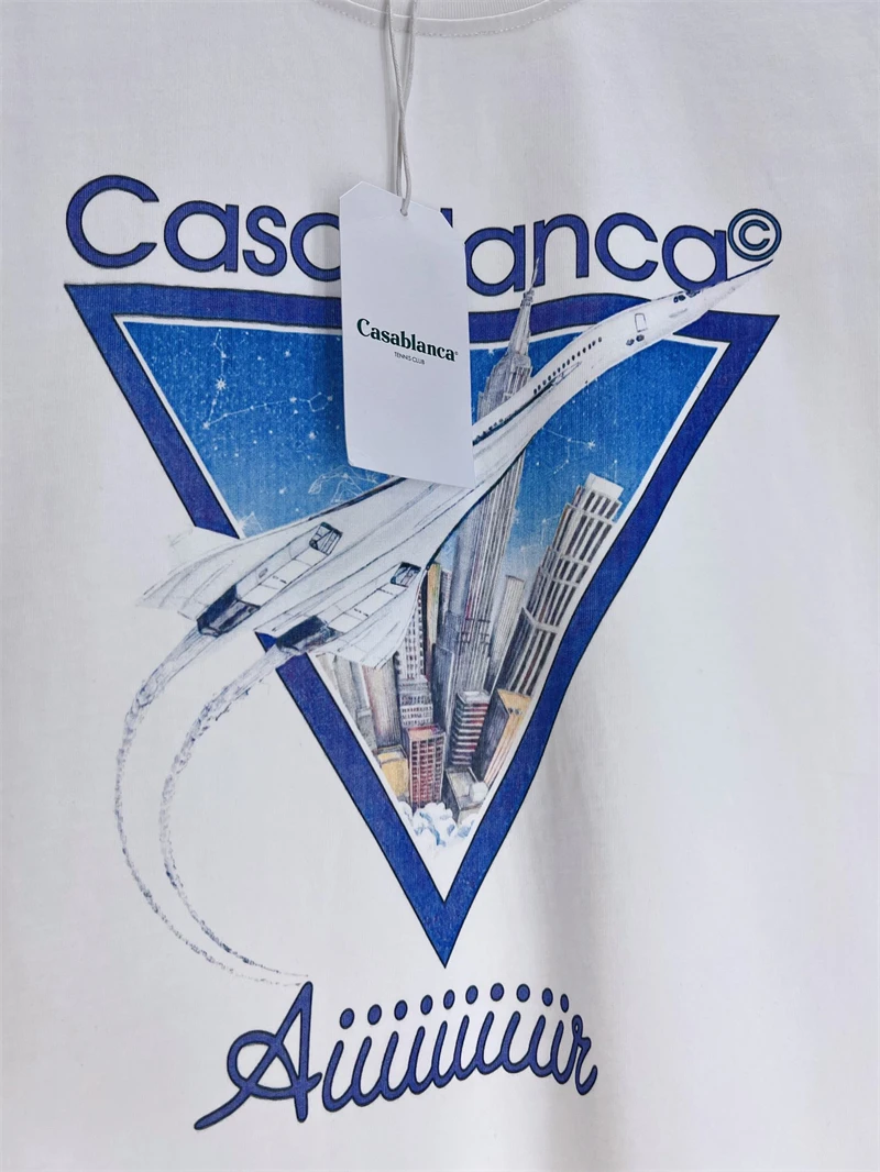 

HIgh Quality Triangle Aircraft Casablanca T Shirts Men Women White Casual Tee Comfortable Fabric Short Sleeve