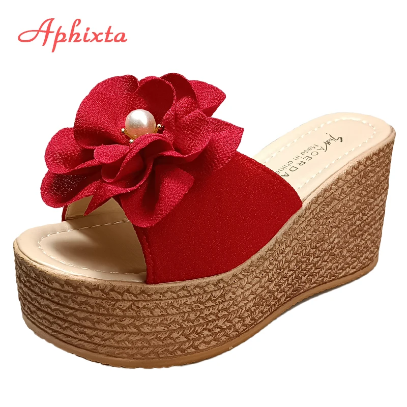Aphixta 9cm/3.54 Inch Wedge Heel Luxury Pearl Appliques Flower Shoes Woman Slippers Flip Flops Platform Woman Slides Big Size 42