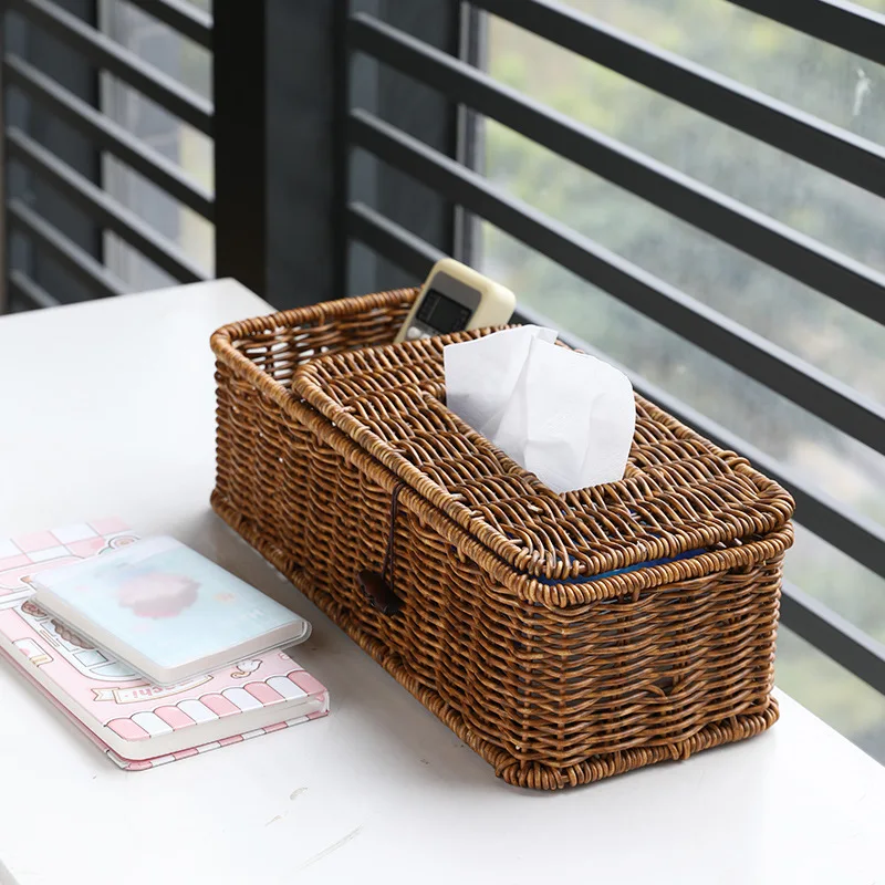 Napkin Cover Rattan Wicker Storage Case Removable Tissue Box Desk Hand-Woven Paper Towel Holder Facial Tissue Dispenser Basket 3