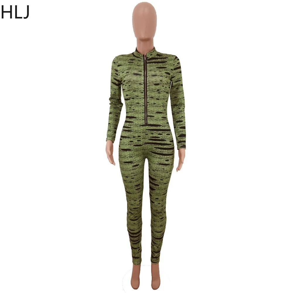 HLJ Sexy Printing Zipper Bodycon Jumpsuits Women Deep V Long Sleeve Slim Playsuits Casual Female Hollow Out One Piece Overalls