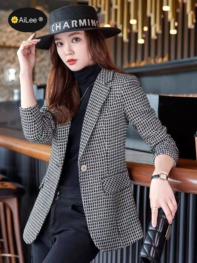 Winter Women Houndstooth Blazer Slim Plaid Long Sleeve Coat Lady Office Elegant Business Korea Style Suit Outerwear Warm Jacket