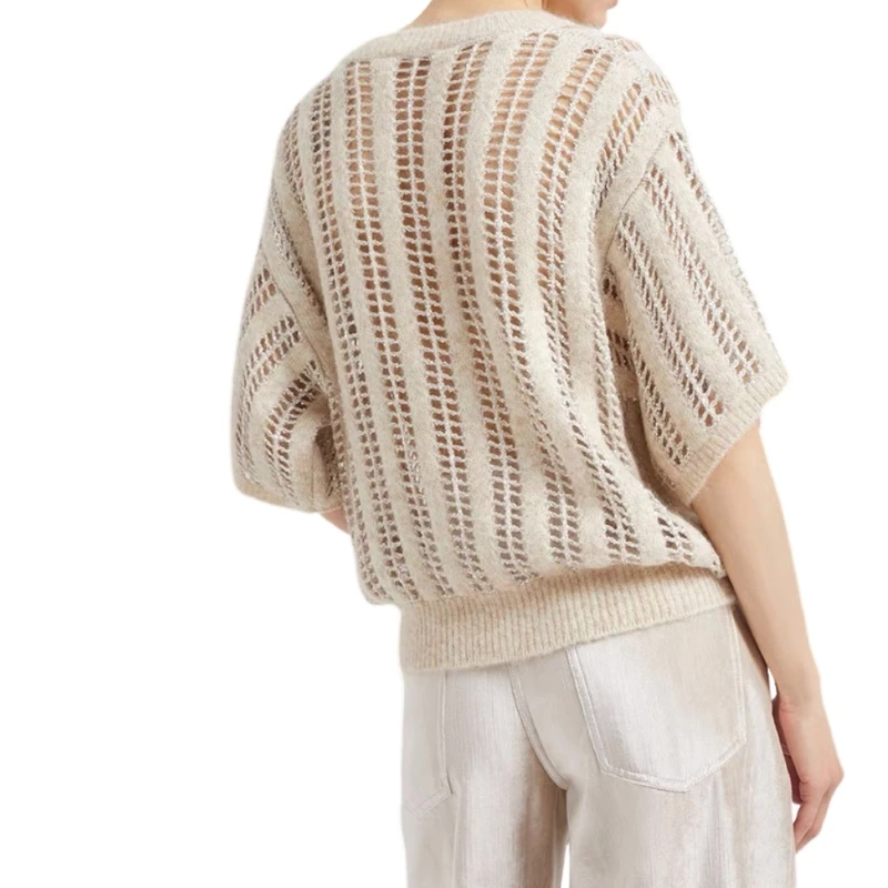 24 Women's Sweater Vintage Knitwear Thick Pullovers Custom Bead Yarn Wool Mohair Hollow out Short Sleeve Elegant Sweater 6